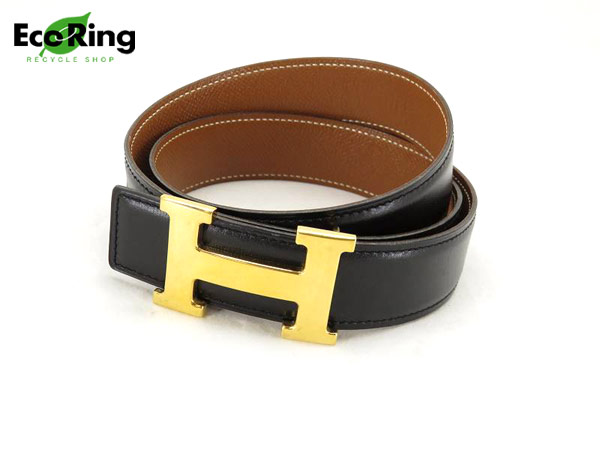 1円 美品 エルメス コンスタンス ゴールド色 Hバックル レザー ベルト 〇Y刻印 ブラック BP665