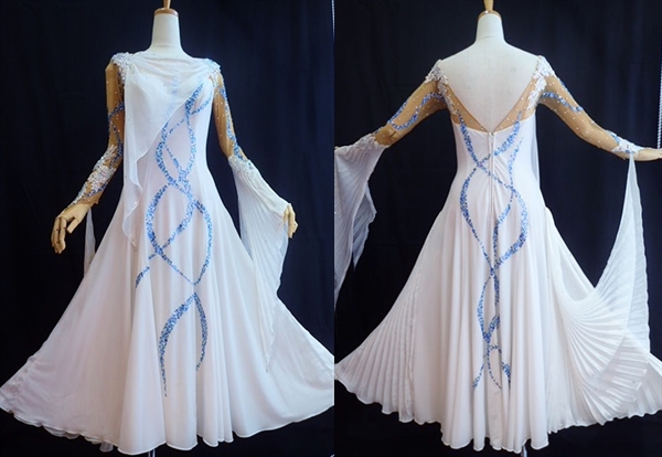 1円～★白×ブルー系スワロフスキーの清楚なモダンドレスM・総スワロで豪華☆社交ダンスパーティーデモ競技会ミックス紅白戦発表会