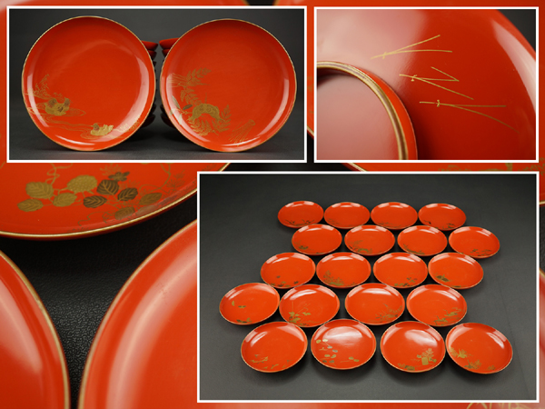 【古多】時代 朱塗図替蒔絵 銘々皿２０客◆煎茶道具/古美術