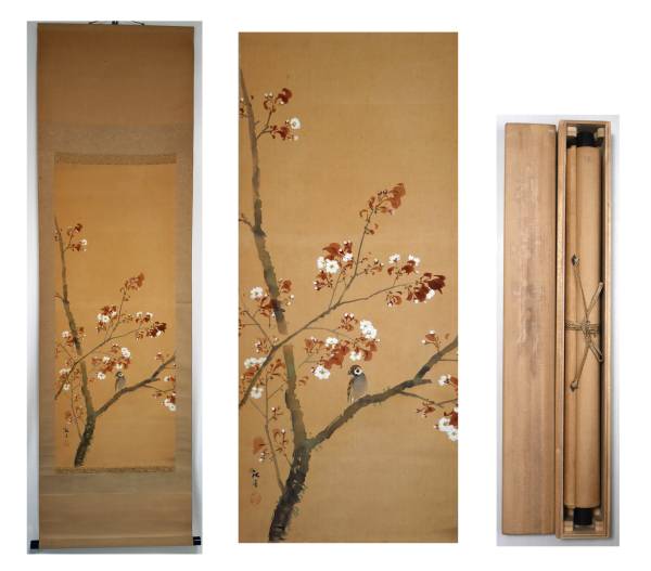★【桜に小禽図】秋香●絹本肉筆・春花鳥掛軸