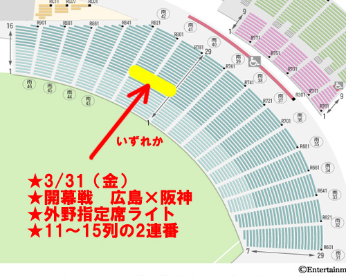 A★3/31（金）★開幕戦　広島カープ×阪神★外野指定席ライト★11-15列目★2連番　4連番可能　2-4枚_2