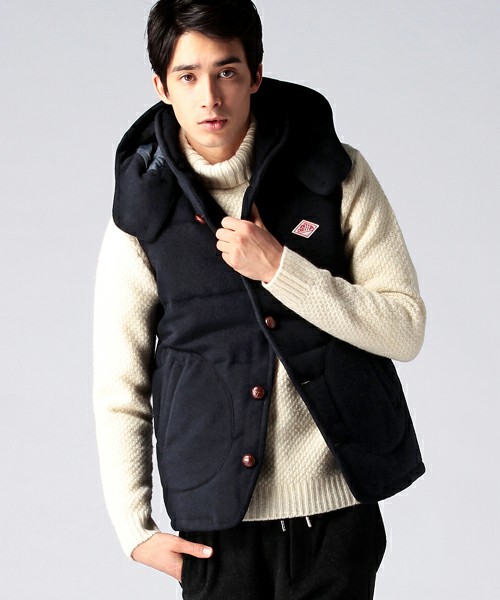 美品DANTON BEAMS別注ウールモッサ メンズ フード ダウン ベスト パーカー 2WAY 美色ネイビー フード着脱可 花見シーズンまで春物