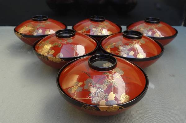茶道具 五客 BK421 時代輪島塗 懐石 菓子 木製 吸物椀 草花図金蒔絵