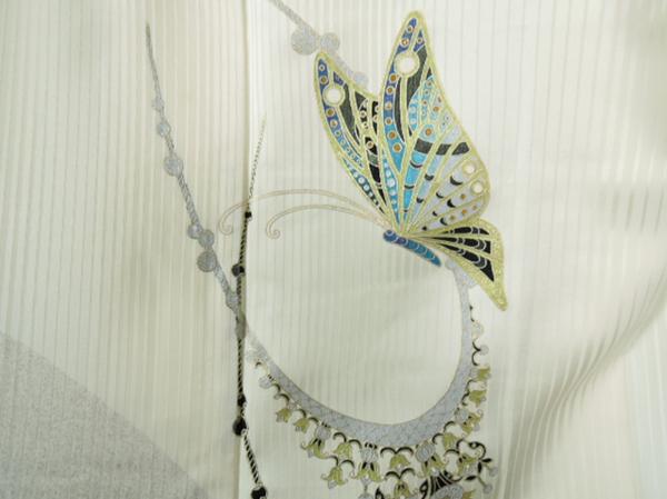 着物10 逸品!! 正絹 染織デザイナー【大島明】ヌーベルモダニズム 装飾 蝶 袷 付下げ 身丈158cm 裄64cm ☆☆☆☆