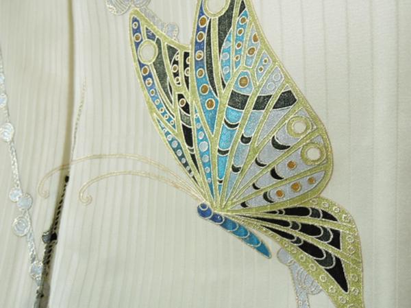 着物10 逸品!! 正絹 染織デザイナー【大島明】ヌーベルモダニズム 装飾 蝶 袷 付下げ 身丈158cm 裄64cm ☆☆☆☆