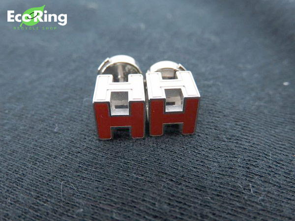 1円 美品 エルメス Hキューブ カージュドアッシュ ピアス レッド×シルバーカラー BY676