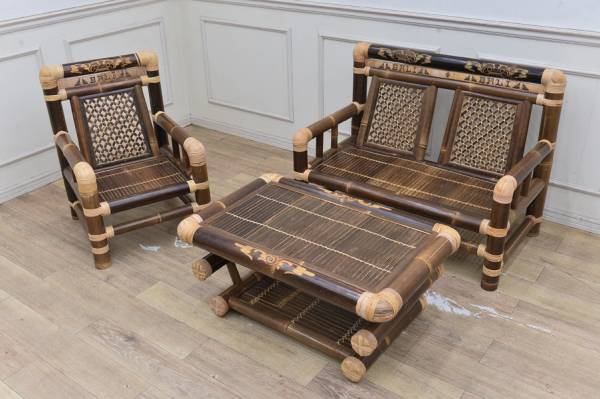 DJ451 ラタン バンブー 竹細工 ソファー 肘付 チェア 応接セット 手作り 3点