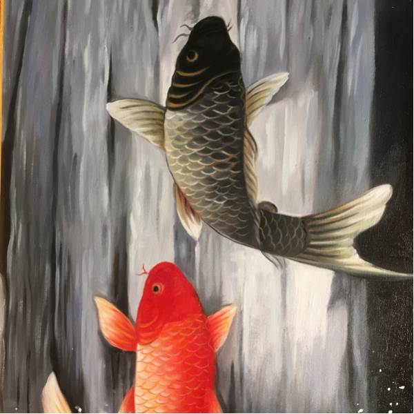 手書き油絵 鯉の滝登り （大）額付 絵画 インテリア 開運 金運 風水