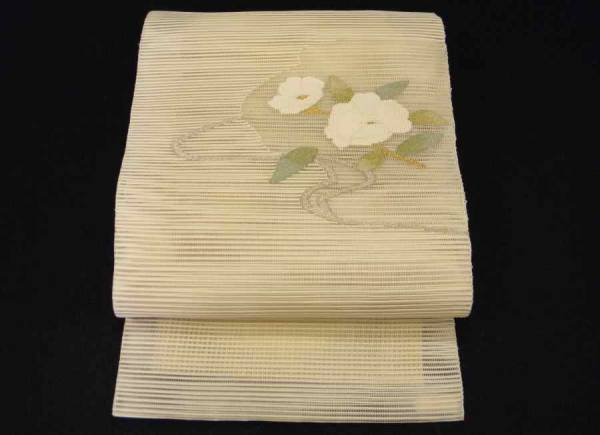 【帯喜楽】高級夏帯●芯なし八寸名古屋帯●美品●絽綴れ●透かし布と夏椿