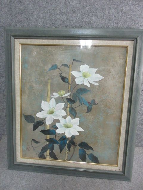 【文】21309 鉄線花額 光画 油絵水墨画短冊掛軸書画