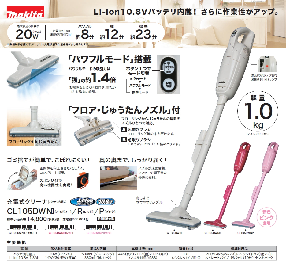 新品未開封★マキタ 充電式クリーナ (バッテリー内蔵・充電器付) コードレス掃除機 CL105DWNR(レッド)