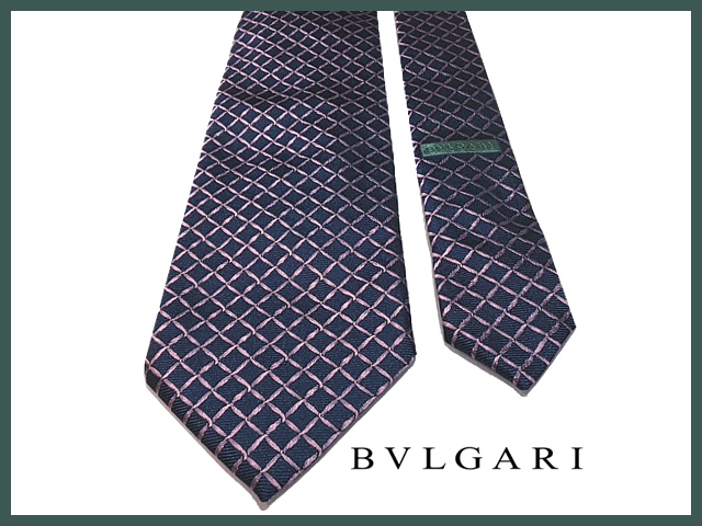 ■BVLGARI ブルガリ 新品 ネクタイ 紺×ピンク格子柄