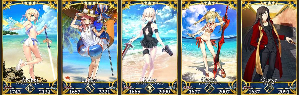 初期アカウント Fate/Grand Order FGO 水着☆５コンプ　術ネロ 弓アルトリア 騎オルタ 槍玉 藻　孔明あり　☆4鯖9体