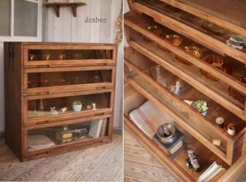 жdenbeeж古い前ガラスの木製引き出し4段/タンス/チェスト/キャビネット/アンティーク