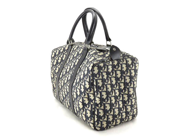 1円 クリスチャンディオール トロッター キャンバス×レザー ハンドバッグ ミニ ボストンバッグ ネイビー×ベージュ BP960