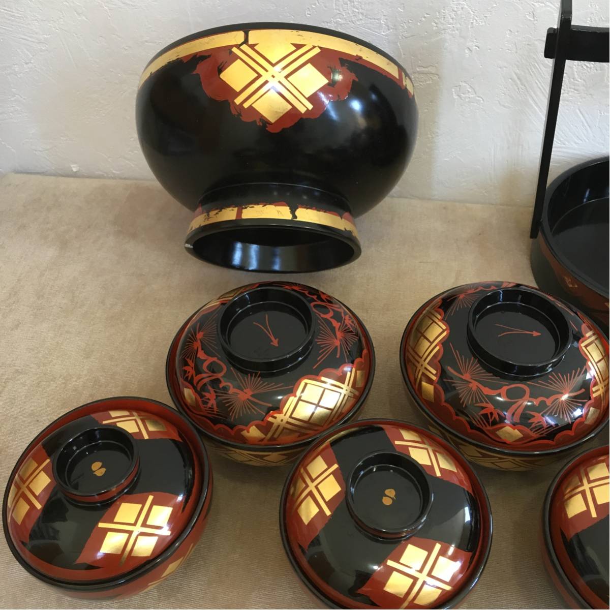 ⁄ 漆器 お椀 吸い物椀 秀衡塗「煮物椀（雲紋・黒内古代朱）」10客 煮物 