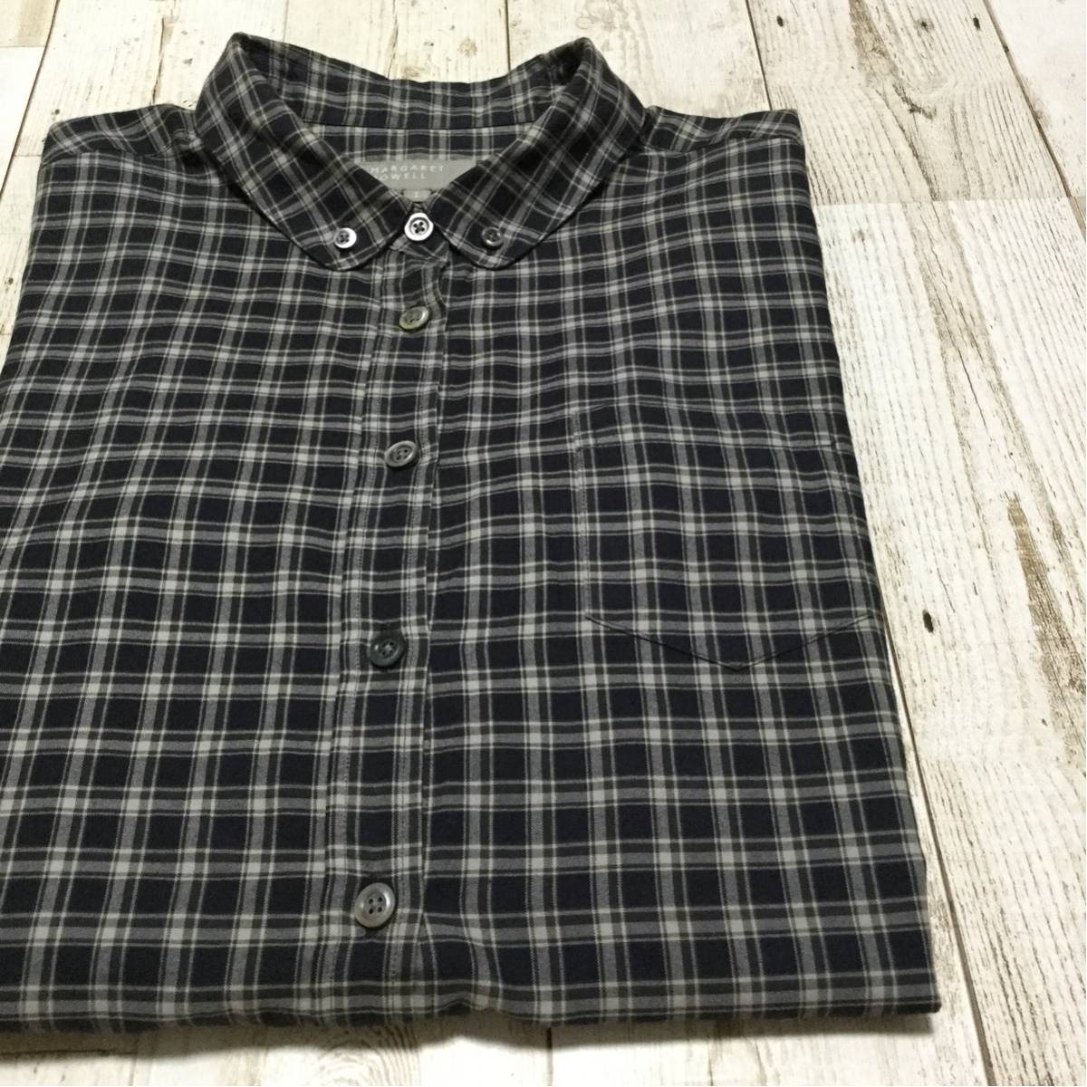 MARGARET HOWELL マーガレットハウエル ラウンドカラー ボタンダウン 長袖コットンチェック シャツ ( I )