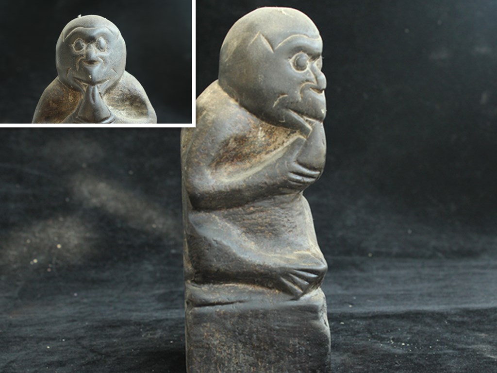 希少珍蔵 全手工精彫 石猿 靑石擺件 石彫石器91821