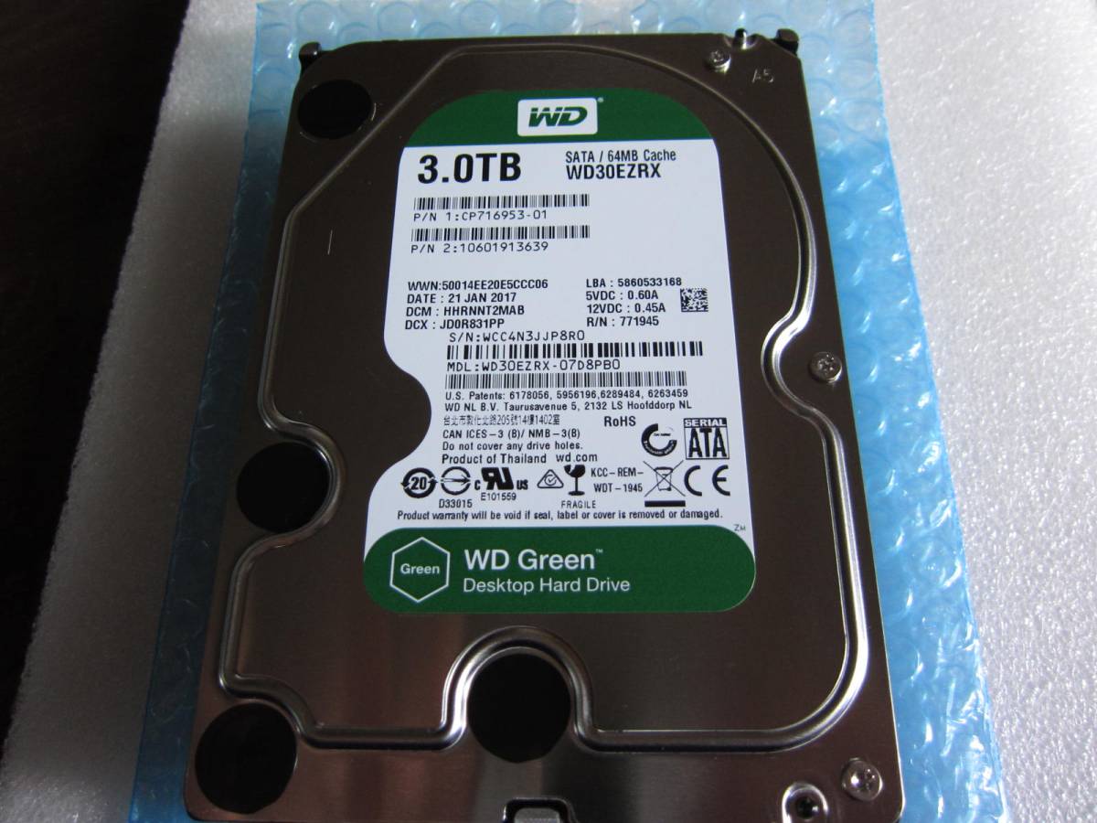 良品 Western Digital 3TB S-ATA600 HDD WD30EZRX 55時間稼働 39