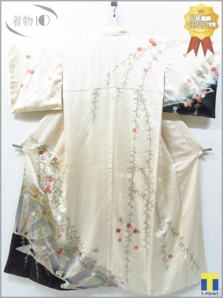 ★着物10★ 1円 絹 訪問着 舞蝶 菊 片輪車 草花 袷 身丈163cm 裄67cm ☆☆