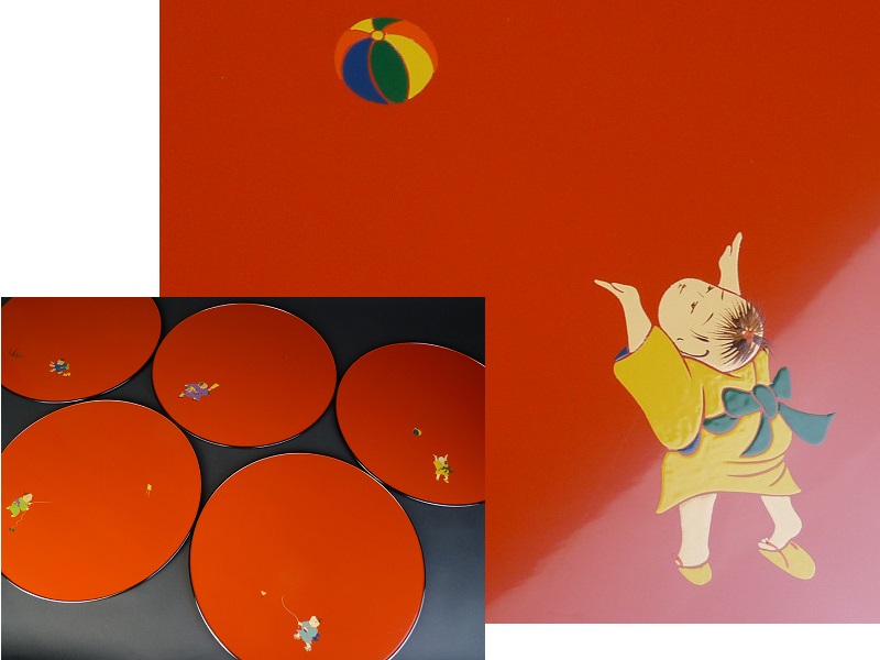 【都屋】輪島塗 「瑞祥盆」 5客 朱塗 童絵変り蒔絵 丸盆