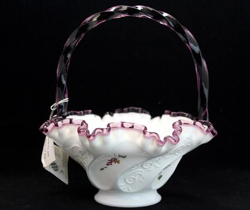 FENTON フェントン ガラス ハンドペイント ミルクガラス バスケット