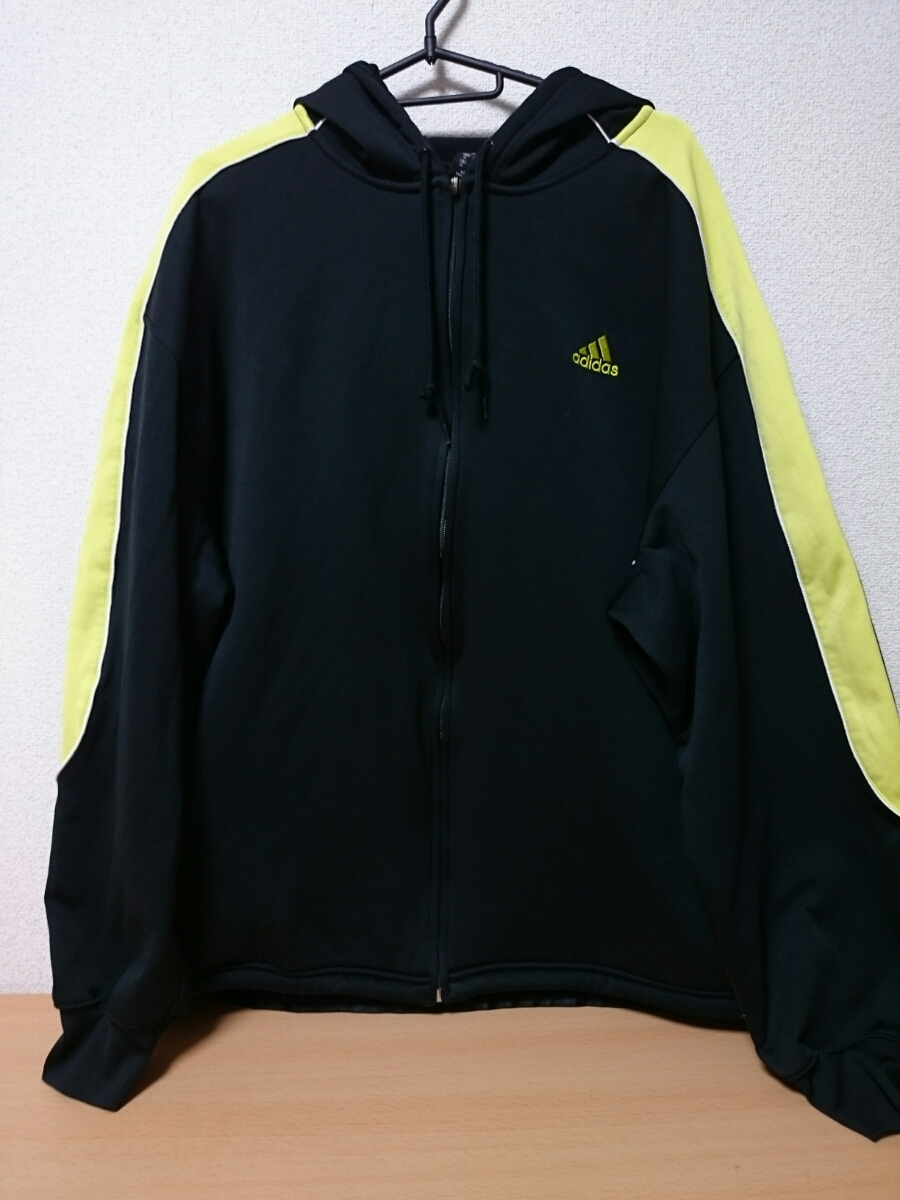 即決 adidas 裏起毛パーカー 4XO 希少サイズ 黒×蛍光黄緑 アディダス サッカー フットサル ランニング トレーニングウェア
