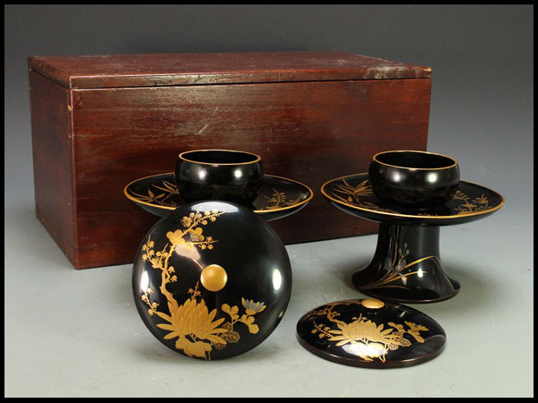 【金閣】時代漆器四君子蒔絵盃台一対時代箱旧家蔵出(C278)