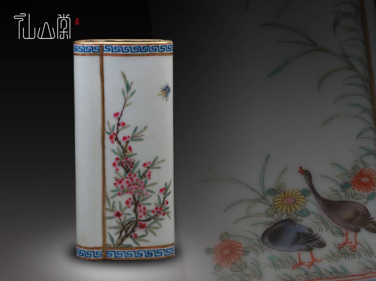 花瓶 1709C50106】中国古董品 清 時代唐物粉彩『花鳥』文鎮 書道具 置物 文