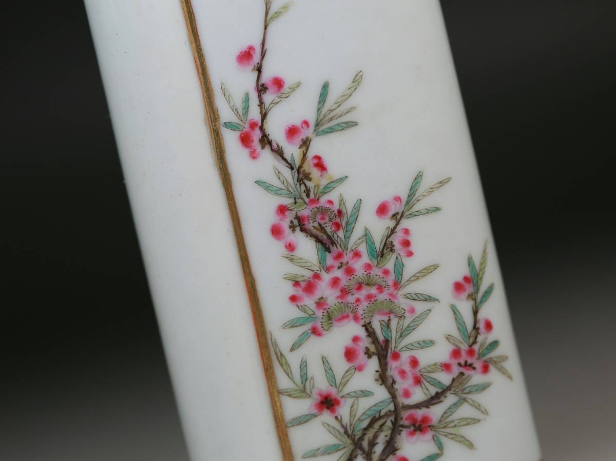 花瓶 1709C50106】中国古董品 清 時代唐物粉彩『花鳥』文鎮 書道具 置物 文