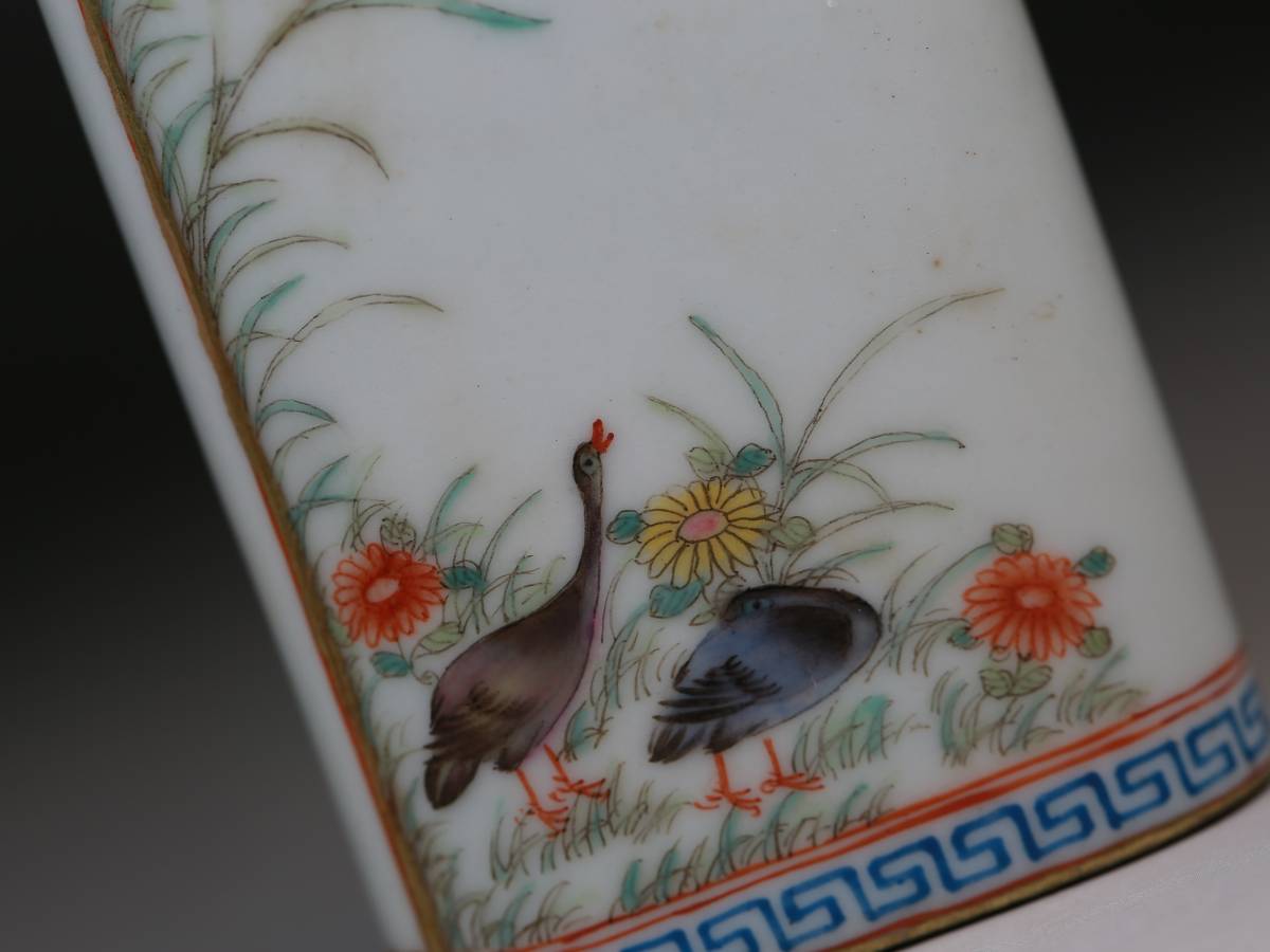 1709C50106】中国古董品 清 時代唐物粉彩『花鳥』文鎮 書道具 置物 文