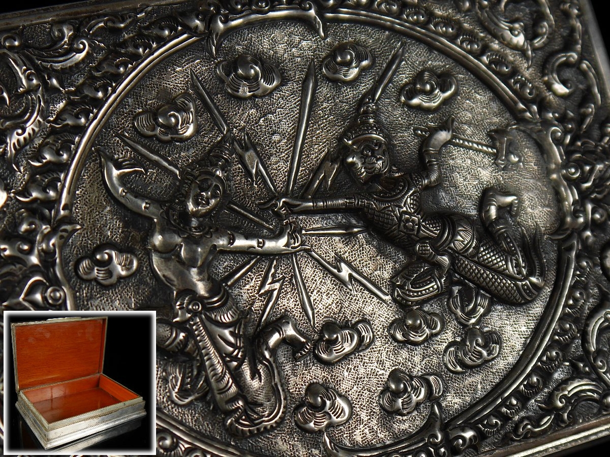 [URA]極上/唐木銀巻戦図小箱/骨董/銀細工/箱/蓋物/銀製品/3-45