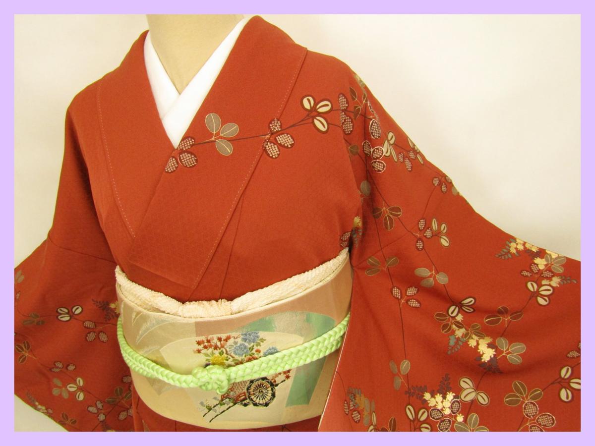 ◆衣紋屋◆0686 訪問着 笹に萩文様 正絹 紅緋色 身丈166/裄67.5 *****