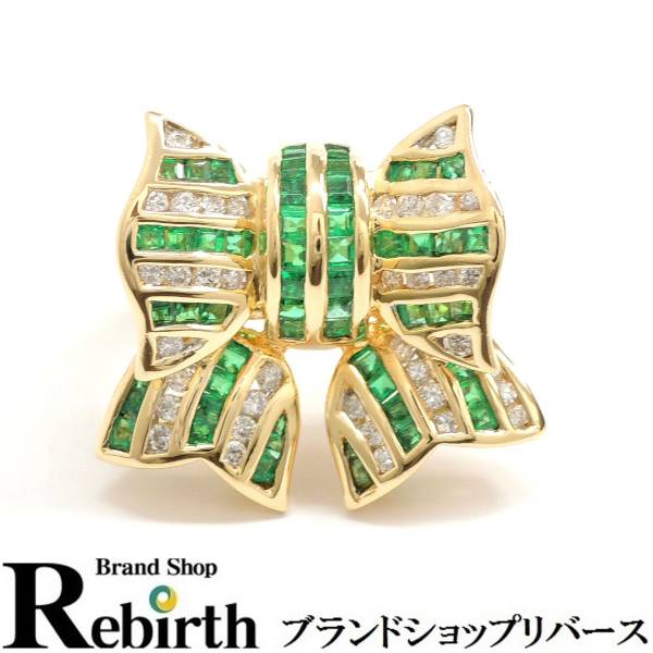 エメラルド1.12ct】K18YGリボンモチーフリング ダイヤ0.41ct 重さ12.4g 