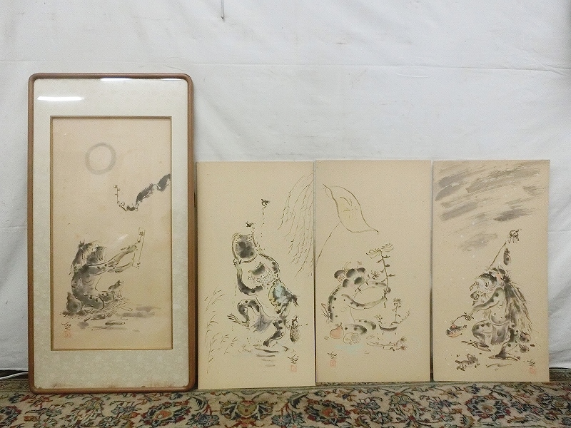 真作⁄笹川和也⁄蛙とゴルフ図⁄桐共箱付⁄布袋屋掛軸HI-332 真作⁄笹川和也
