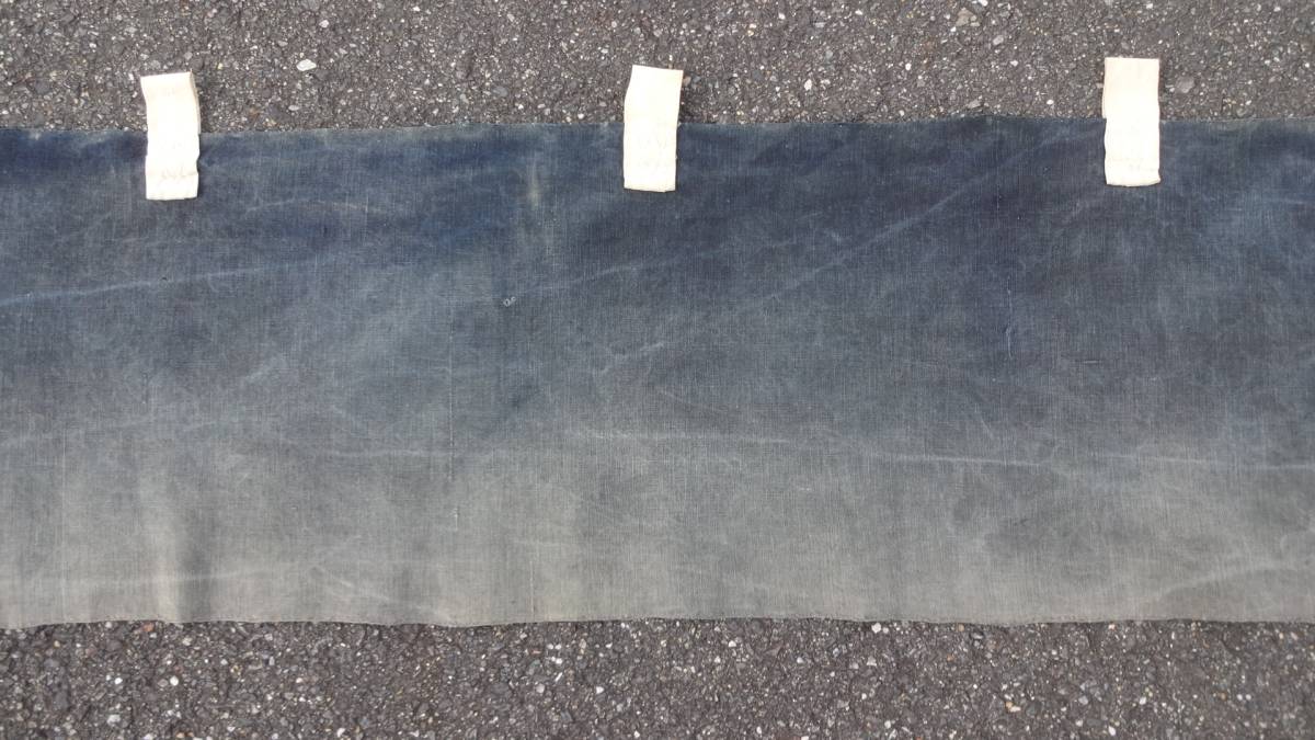 昔古布】※珍しい 明治～大正時代の呉服屋の 藍染手織木綿 襤褸筒描暖簾