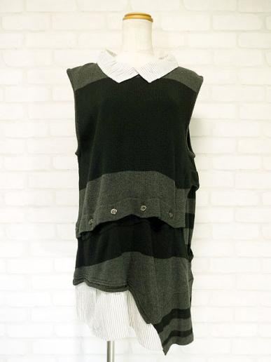 ☆美品☆慈雨/センソユニコ/シャツ切替ボーダー柄ノースリーブニットチュニックyf289