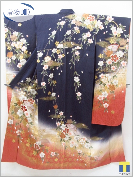 ☆着物10☆ 1円 逸品!! 絹 振袖 【中村児太郎】桜 流水 草花 花 草