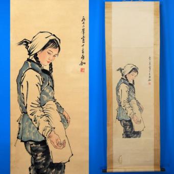 F20001 ○兆和 「人物画」 女性図 掛軸 世俗 / 風俗画 中国美術家協会 理事