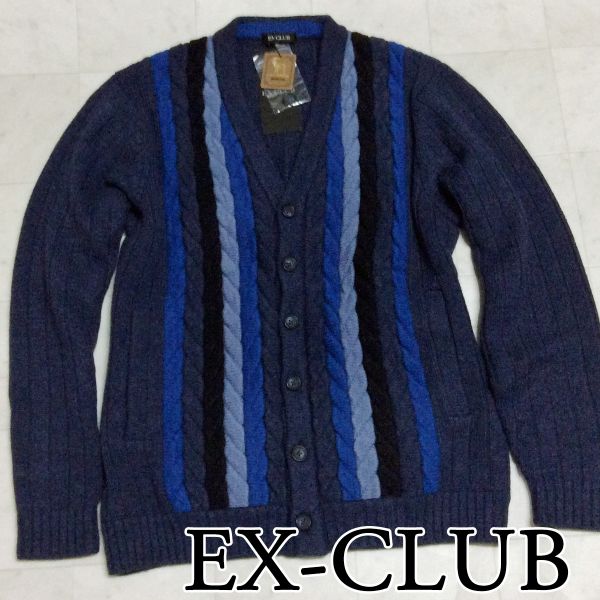 新品!日本製 定価9万 レナウン EX-CLUB カシミヤ100％ カーディガン　ケーブル柄　ネイビー　M □