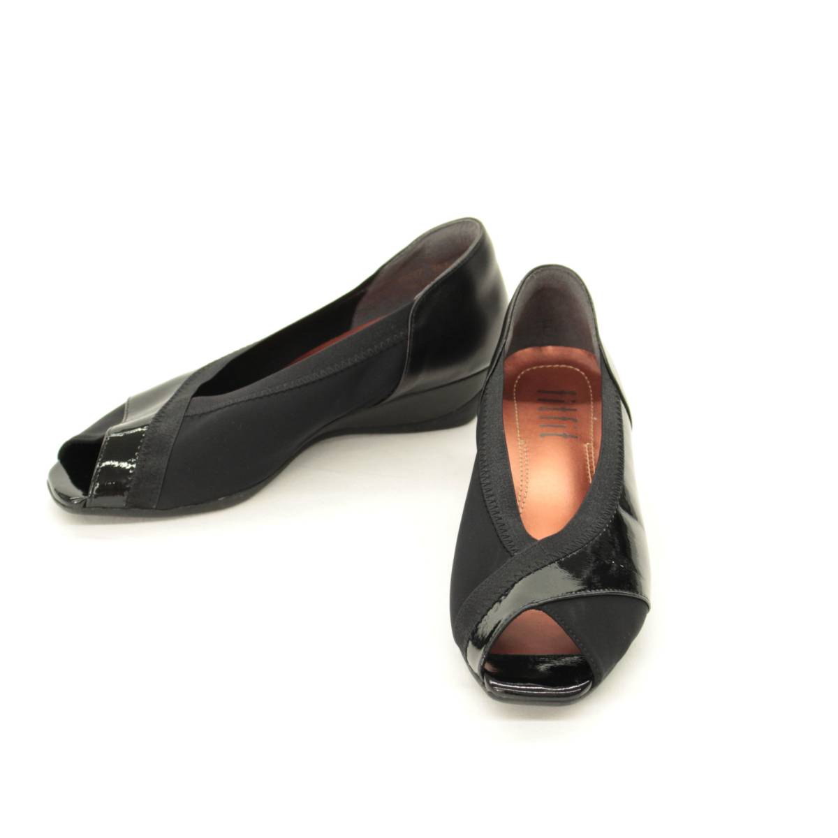 ☆fitfit(フィットフィット)オープントゥ デザインパンプスウェッジソール 24.5☆　black/ブラック/黒/エナメル/サンダル　　