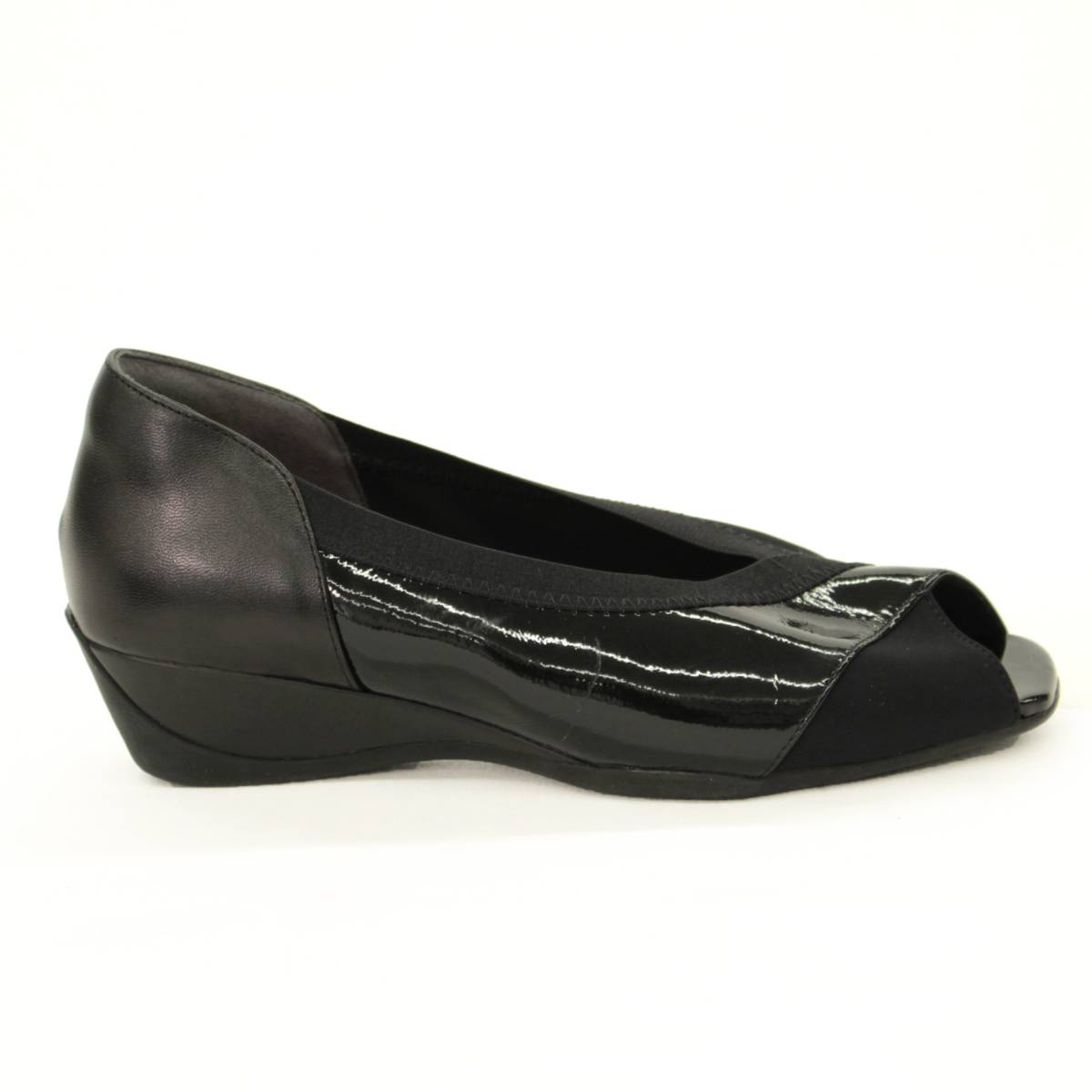 ☆fitfit(フィットフィット)オープントゥ デザインパンプスウェッジソール 24.5☆　black/ブラック/黒/エナメル/サンダル　　