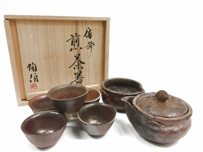 8-829【未使用】三村陶伯 備前焼 煎茶器 急須 湯冷まし 湯呑 7点セット