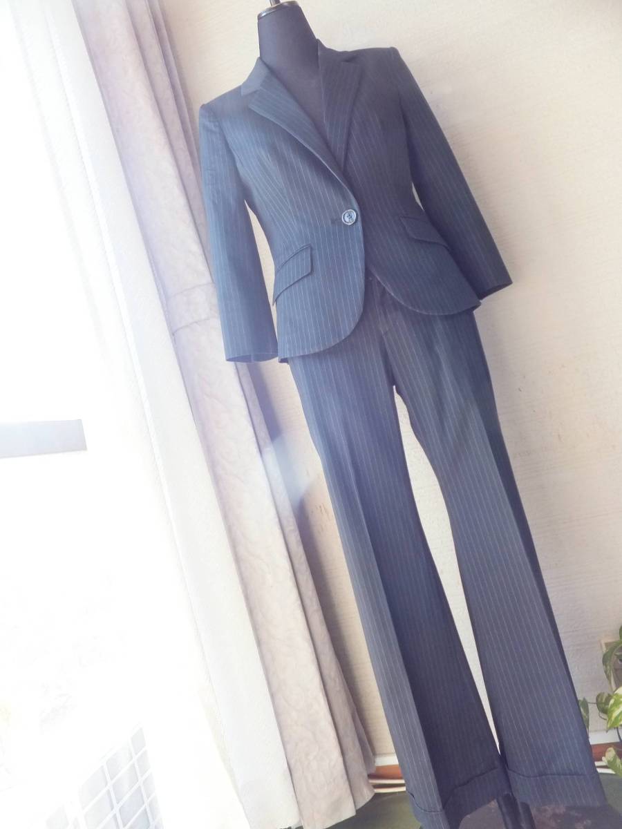 インディヴィ*INDIVI☆美品☆パンツスーツ☆ストライプ柄☆1コ釦☆36号