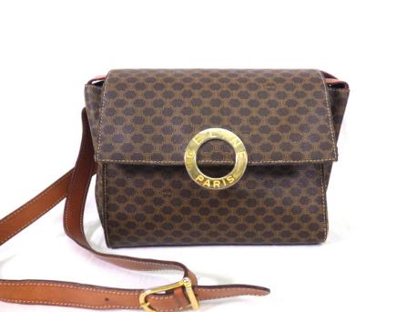 1円～ セリーヌ ヴィンテージ ショルダーバッグ サークルロゴ プレート 金具 PVC レザー ポシェット マカダム柄 訳あり ◆ CELINE 1098h