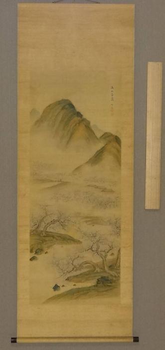 鑑定　日本画・在銘【竹荘】　筆　青緑梅林山水図　掛軸　模写