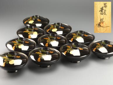 【流】能登輪島塗 蒔絵煮物椀十客 共箱 BW297