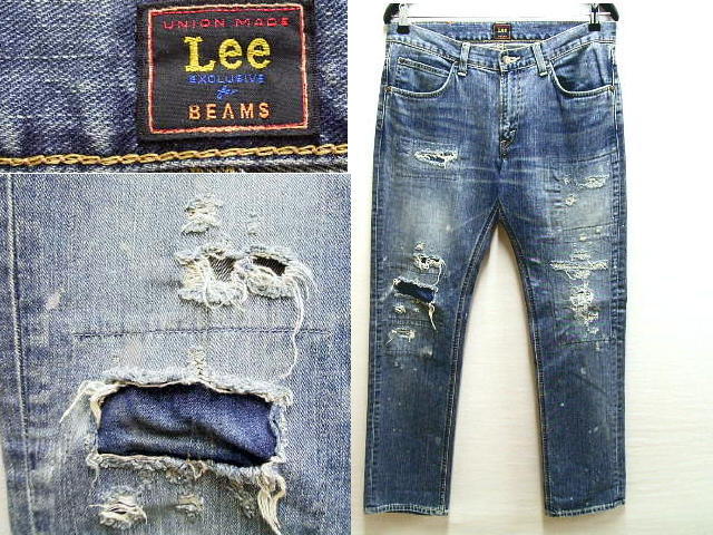 即決 [W33]Lee×BEAMS別注 リペア ダメージ クラッシュ リメイク ビンテージ加工 日本製 デニム パンツ■1154