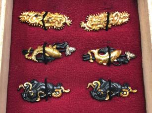 rm)武具刀装 日本刀 目貫 目抜 3対 ６個 セット 金象嵌 龍 鯉 雷神