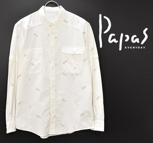 日本製 パパス 【PAPAS】 ロゴ総柄 長袖コットンシャツ/白/Mサイズ